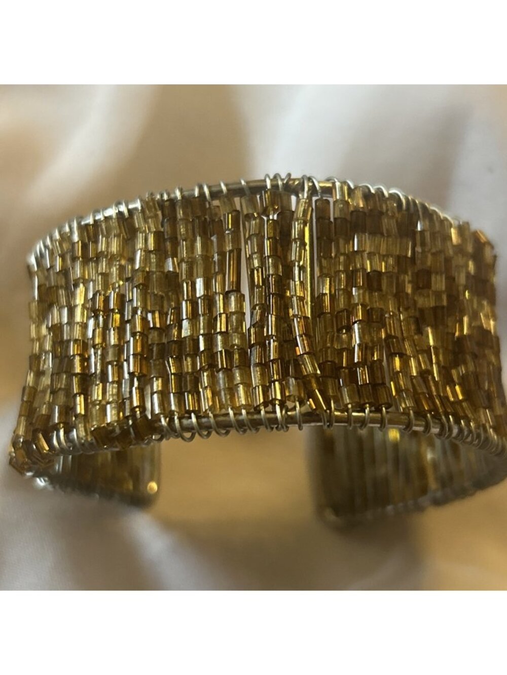 vtg costume bracelet  1 1/4'' wide Irridescent Brown Micro beaded CUFF BRACELET